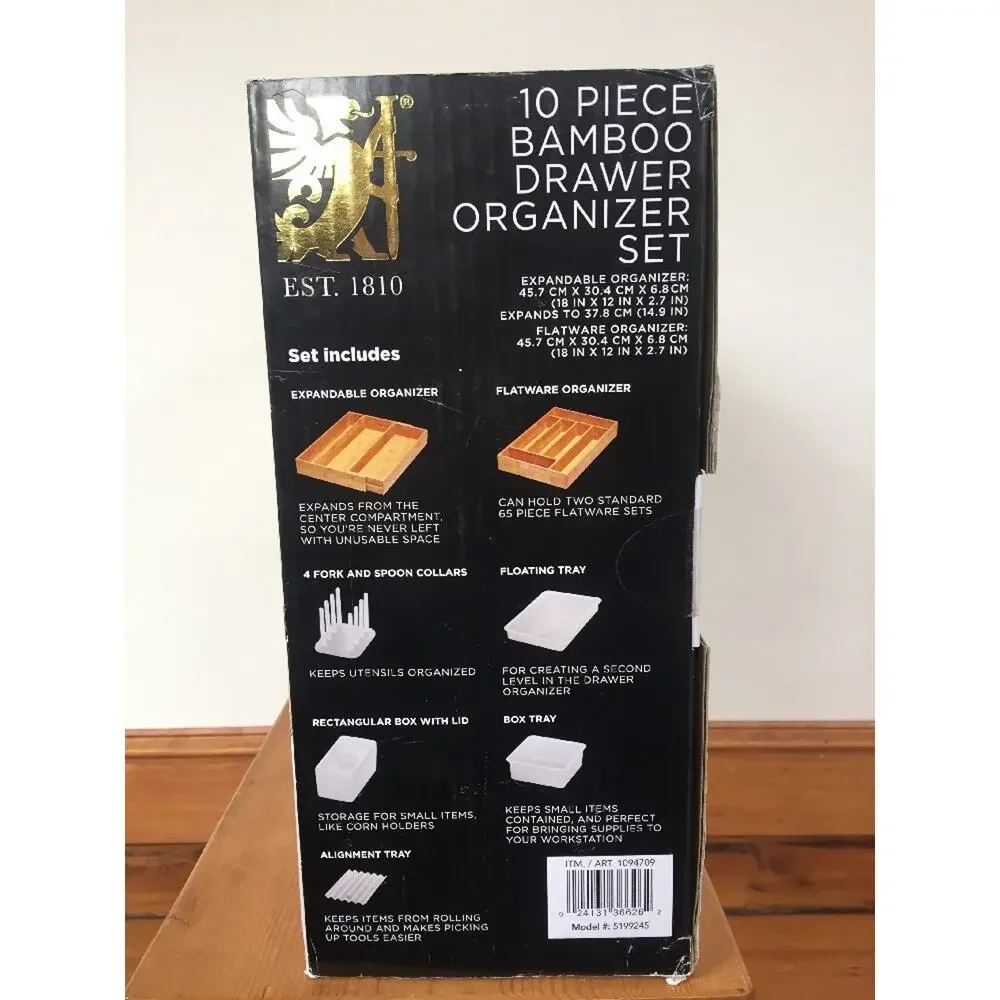 Sabatier 10 Piece Bamboo Flatware Drawer Organizer Expandable Gadget Tray NIB